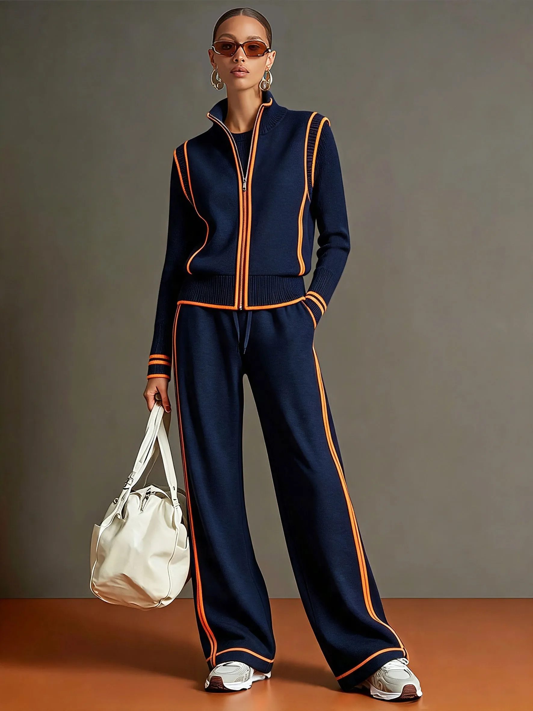 Casual Sporty Color-blocked Navy Blue Zip-up Sweatshirt And Wide-leg Pants Set sold by Oyrosy product image thumbnail 5