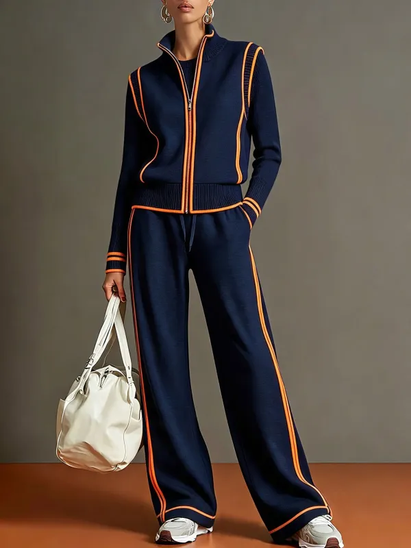 Casual Sporty Color-blocked Navy Blue Zip-up Sweatshirt And Wide-leg Pants Set made by Oyrosy