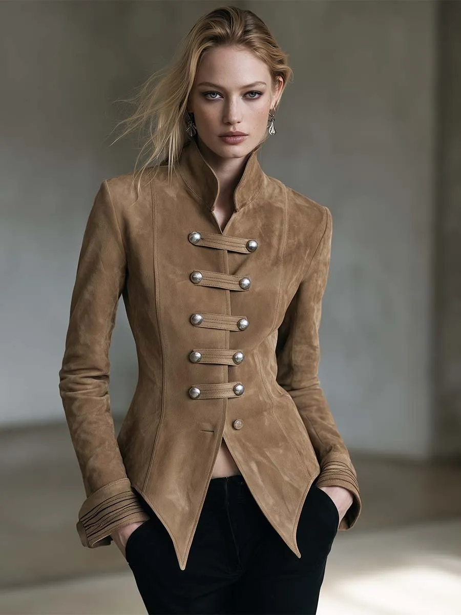 Camel Faux-Suede Stand-Collar Silver-Button Fitted Tailored Military Jacket Women sold by Oyrosy product image thumbnail 2