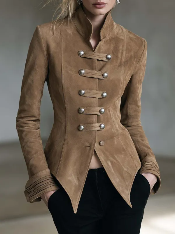 Camel Faux-Suede Stand-Collar Silver-Button Fitted Tailored Military Jacket Women made by Oyrosy