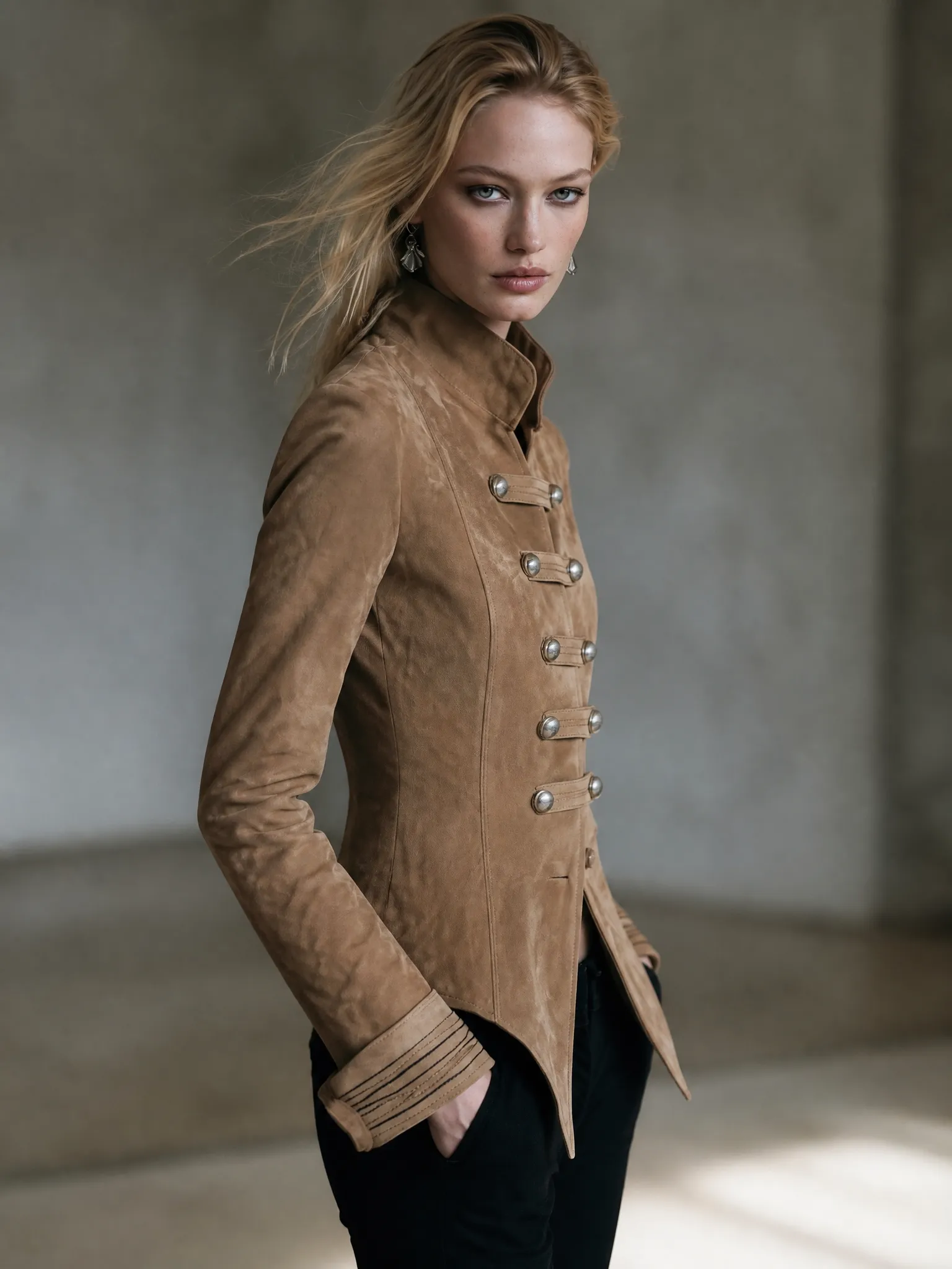 Camel Faux-Suede Stand-Collar Silver-Button Fitted Tailored Military Jacket Women sold by Oyrosy product image thumbnail 4