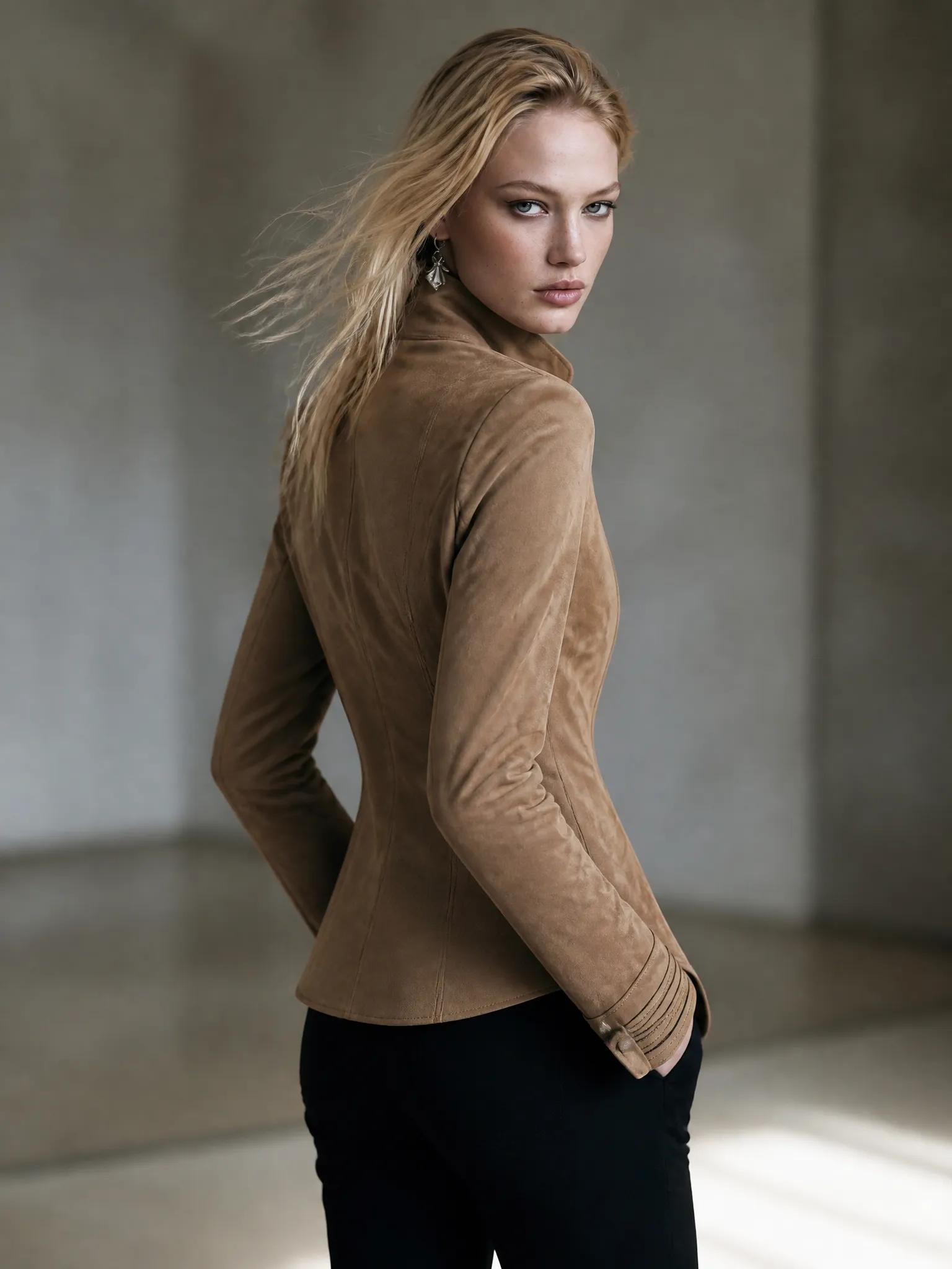 Camel Faux-Suede Stand-Collar Silver-Button Fitted Tailored Military Jacket Women sold by Oyrosy product image thumbnail 3