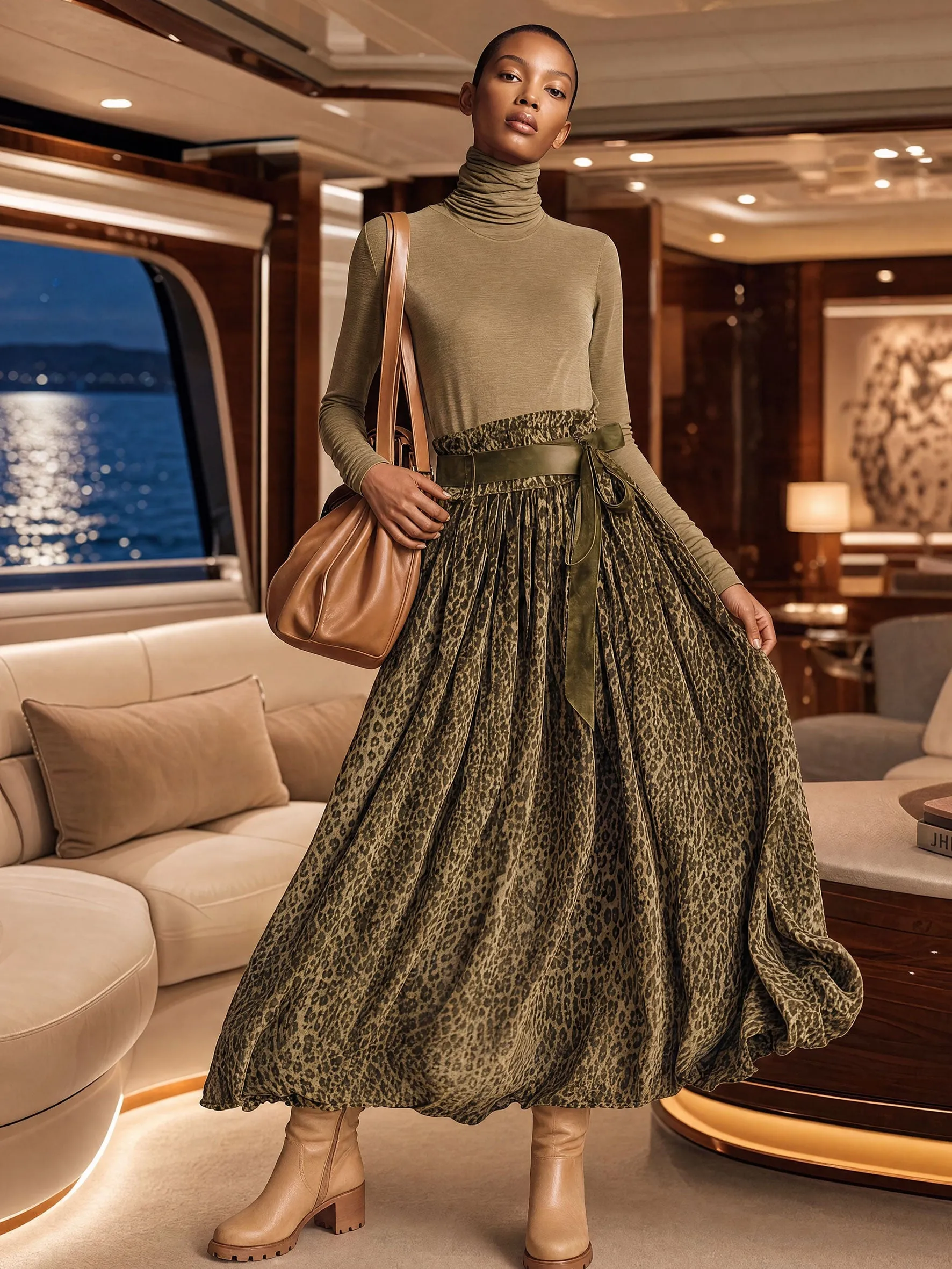 Fashionable Retro Khaki Turtleneck T-shirt And Olive Green Leopard Print Velvet Skirt Set sold by Oyrosy product image thumbnail 2
