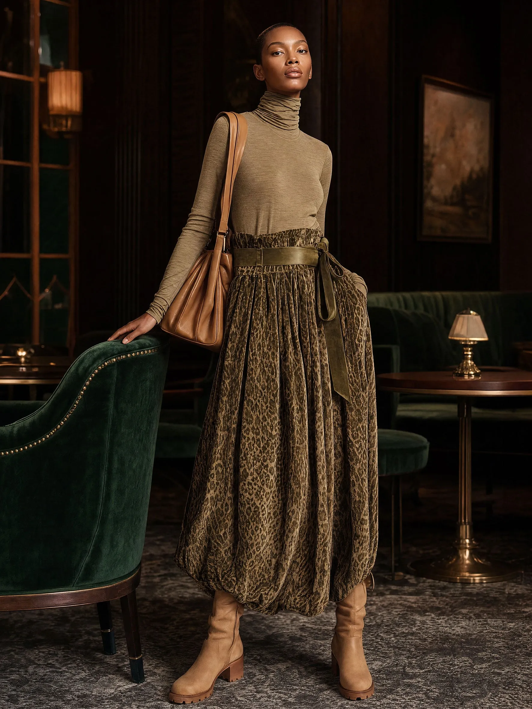 Fashionable Retro Khaki Turtleneck T-shirt And Olive Green Leopard Print Velvet Skirt Set sold by Oyrosy product image thumbnail 5
