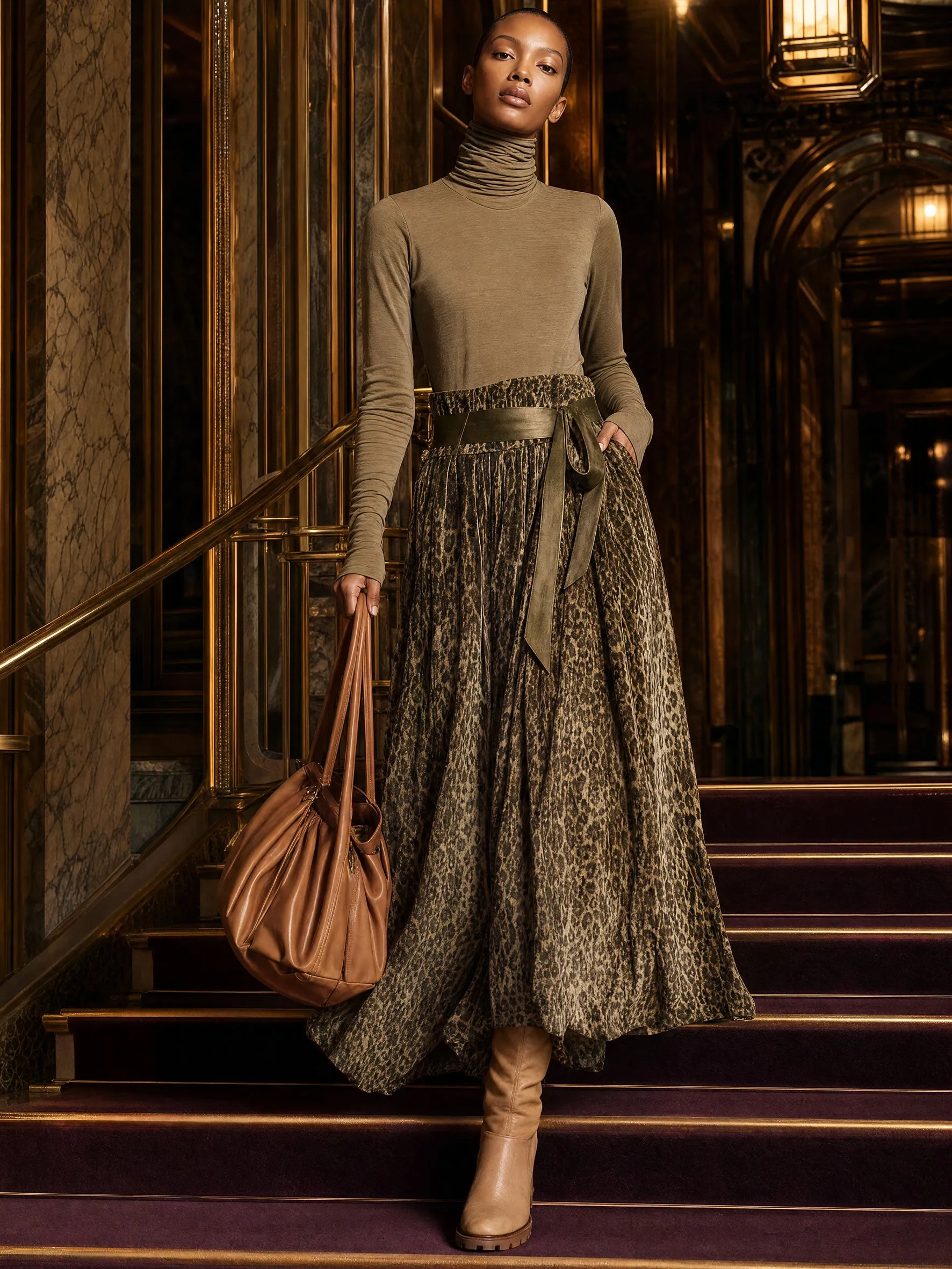 Fashionable Retro Khaki Turtleneck T-shirt And Olive Green Leopard Print Velvet Skirt Set sold by Oyrosy product image thumbnail 4