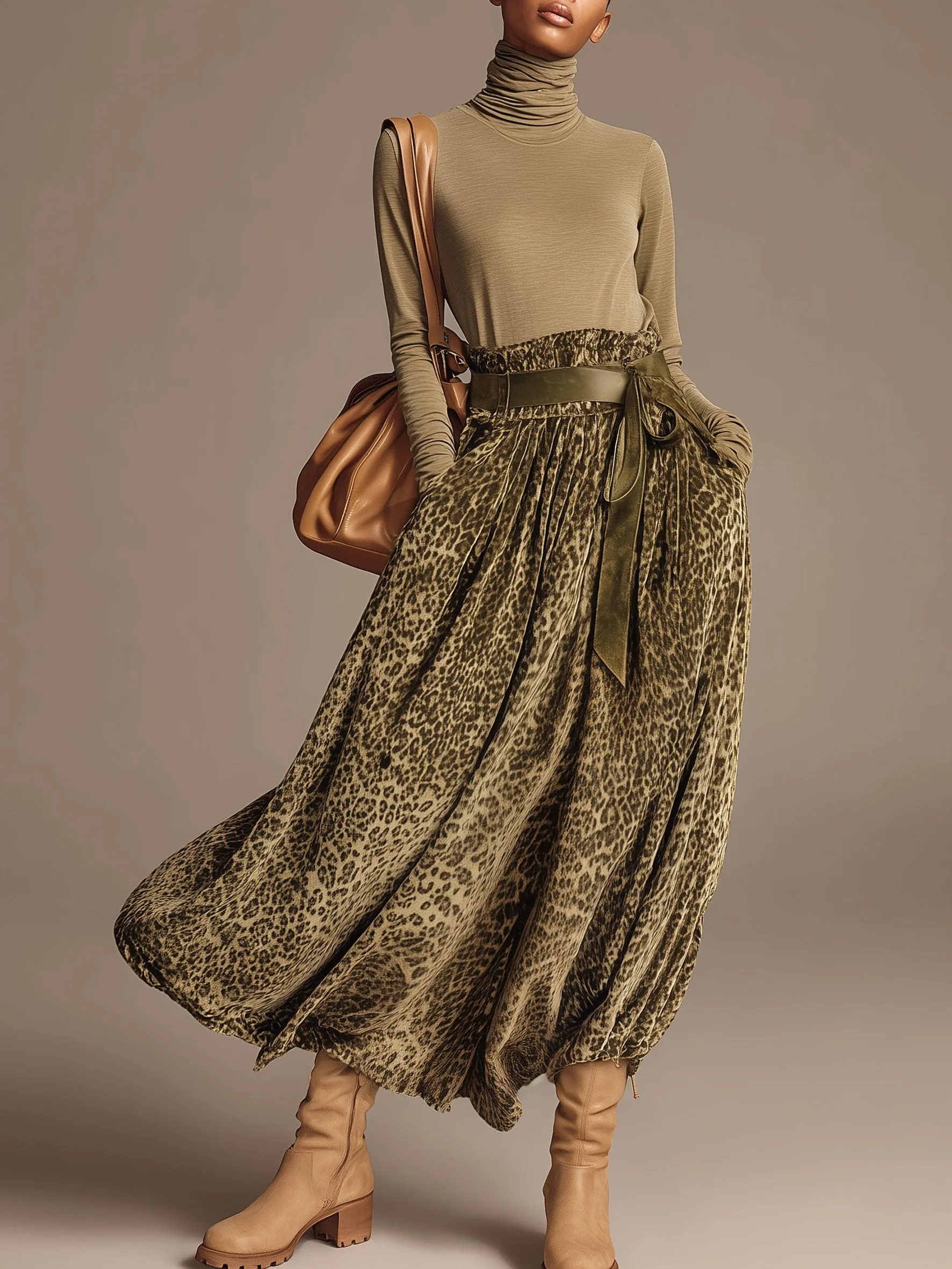 Fashionable Retro Khaki Turtleneck T-shirt And Olive Green Leopard Print Velvet Skirt Set sold by Oyrosy