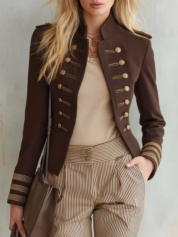 Elegant Retro Brown Stand-Collar Jacket made by Oyrosy