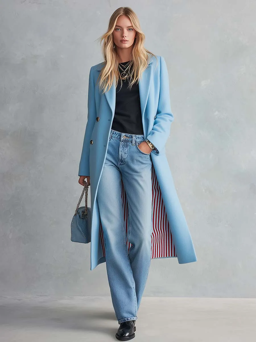 Elegant Classic Lapel Double-breasted Style With Striped Lining Mid-to-long Tweed Coat sold by Oyrosy product image thumbnail 3