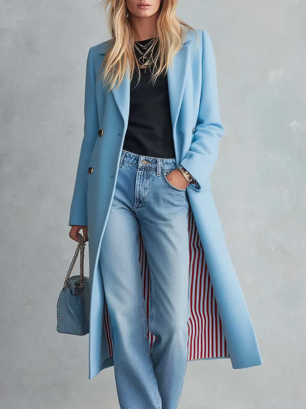 Elegant Classic Lapel Double-breasted Style With Striped Lining Mid-to-long Tweed Coat made by Oyrosy