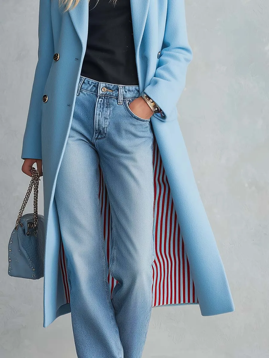 Elegant Classic Lapel Double-breasted Style With Striped Lining Mid-to-long Tweed Coat sold by Oyrosy product image thumbnail 5