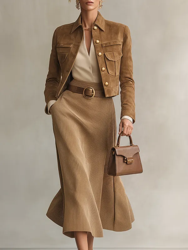 Retro-casual Elegant Faux-suede Top And Corduroy Skirt made by Oyrosy