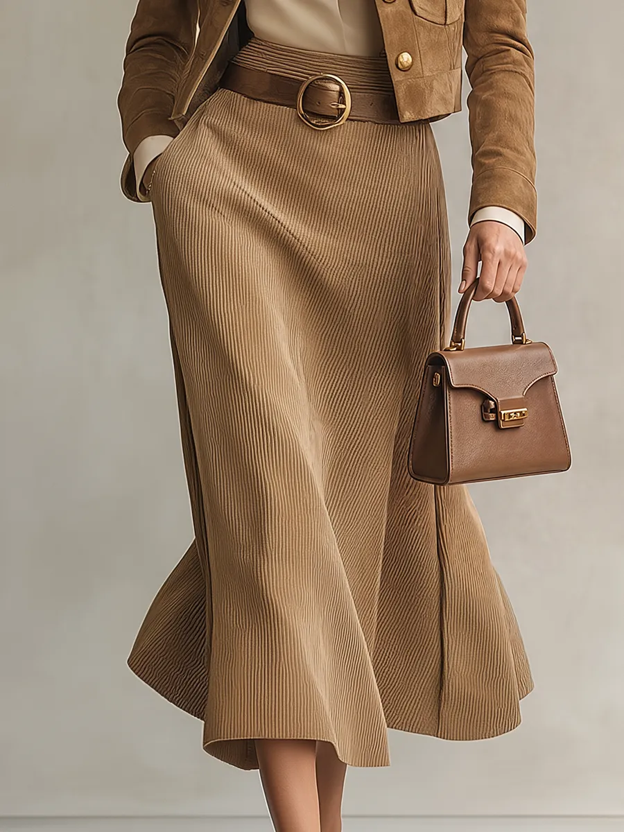 Retro-casual Elegant Faux-suede Top And Corduroy Skirt sold by Oyrosy product image thumbnail 5