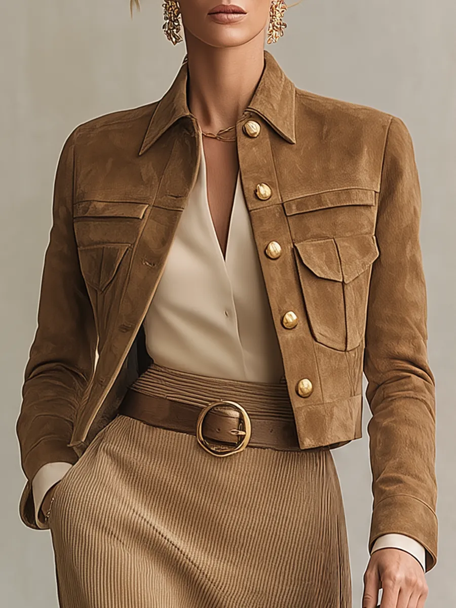 Retro-casual Elegant Faux-suede Top And Corduroy Skirt sold by Oyrosy product image thumbnail 3