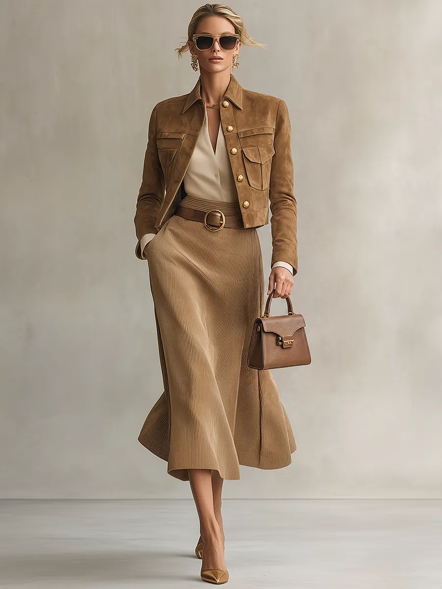 Retro-casual Elegant Faux-suede Top And Corduroy Skirt sold by Oyrosy product image thumbnail 4
