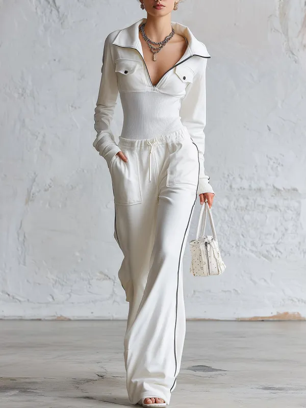 Elegant Sporty-trim Cream-white Top And Wide-leg Trousers Set made by Oyrosy