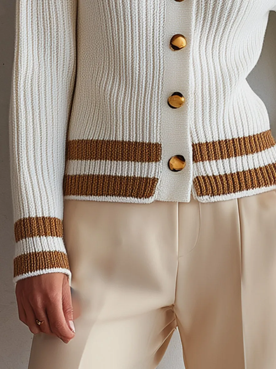 Classic Old Money Style Creamy White Ribbed Knit Cardigan sold by Oyrosy product image thumbnail 5