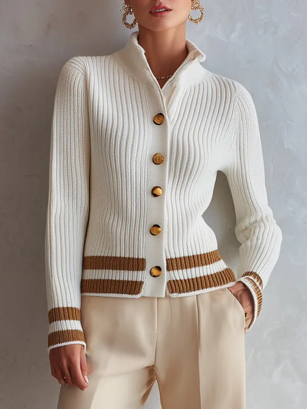 Classic Old Money Style Creamy White Ribbed Knit Cardigan made by Oyrosy