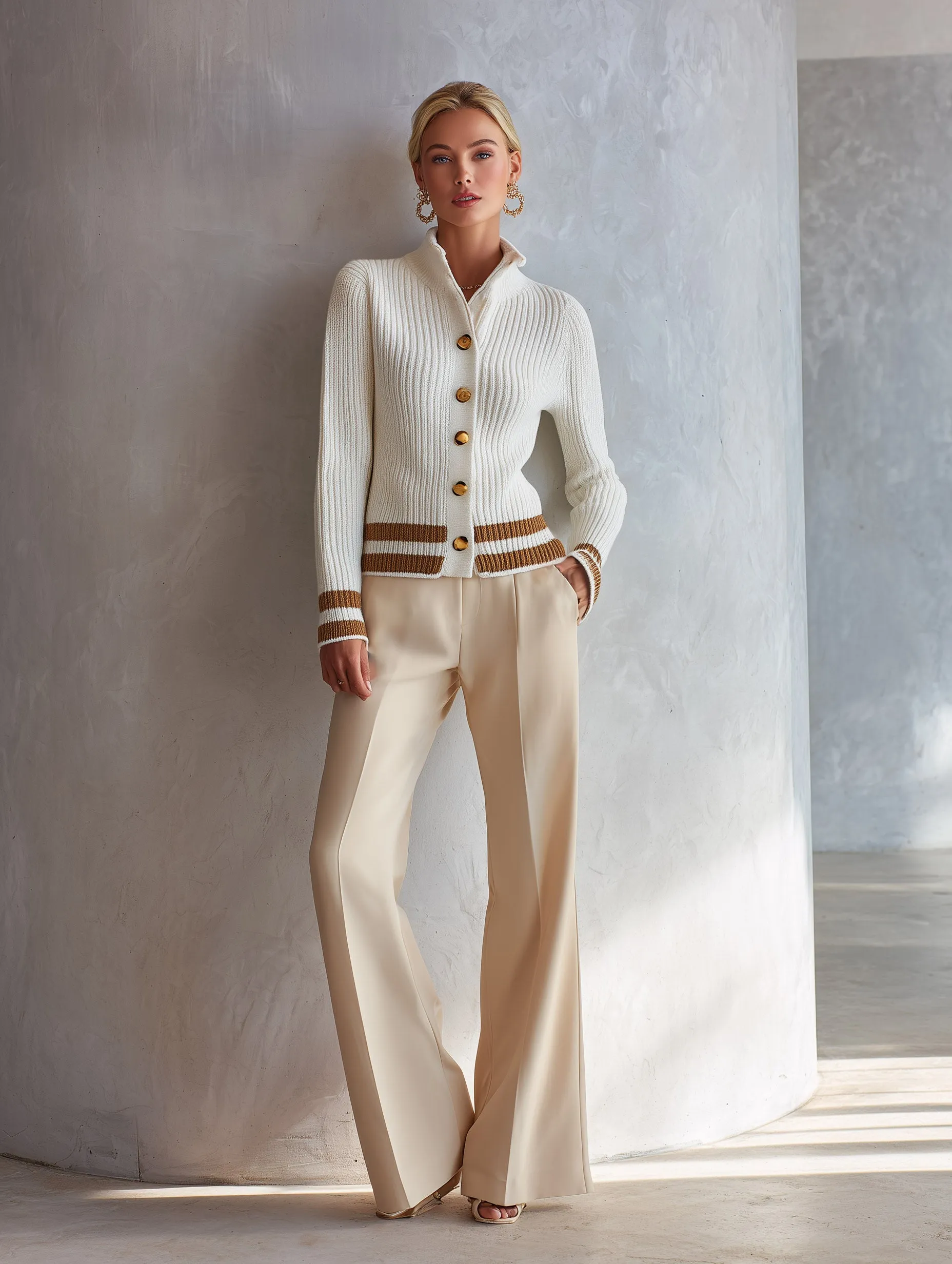 Classic Old Money Style Creamy White Ribbed Knit Cardigan sold by Oyrosy product image thumbnail 3