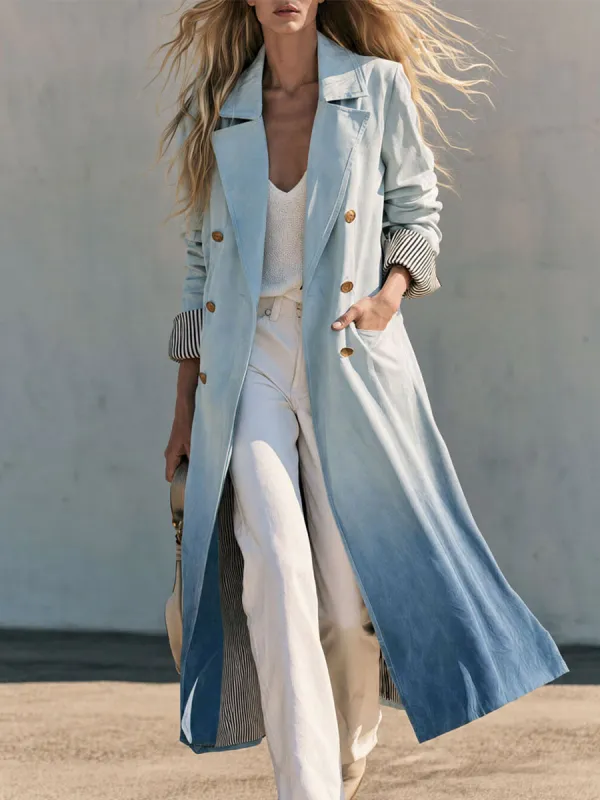 Retro-elegant Light Blue Gradient Double-breasted Striped Long Coat made by Oyrosy