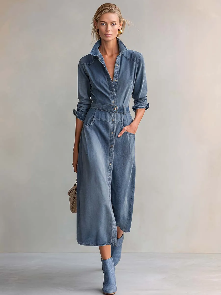 Washed Denim Collared Long-Sleeve Belted Button-Front Fitted Western Shirt Midi Dress sold by Oyrosy product image thumbnail 2
