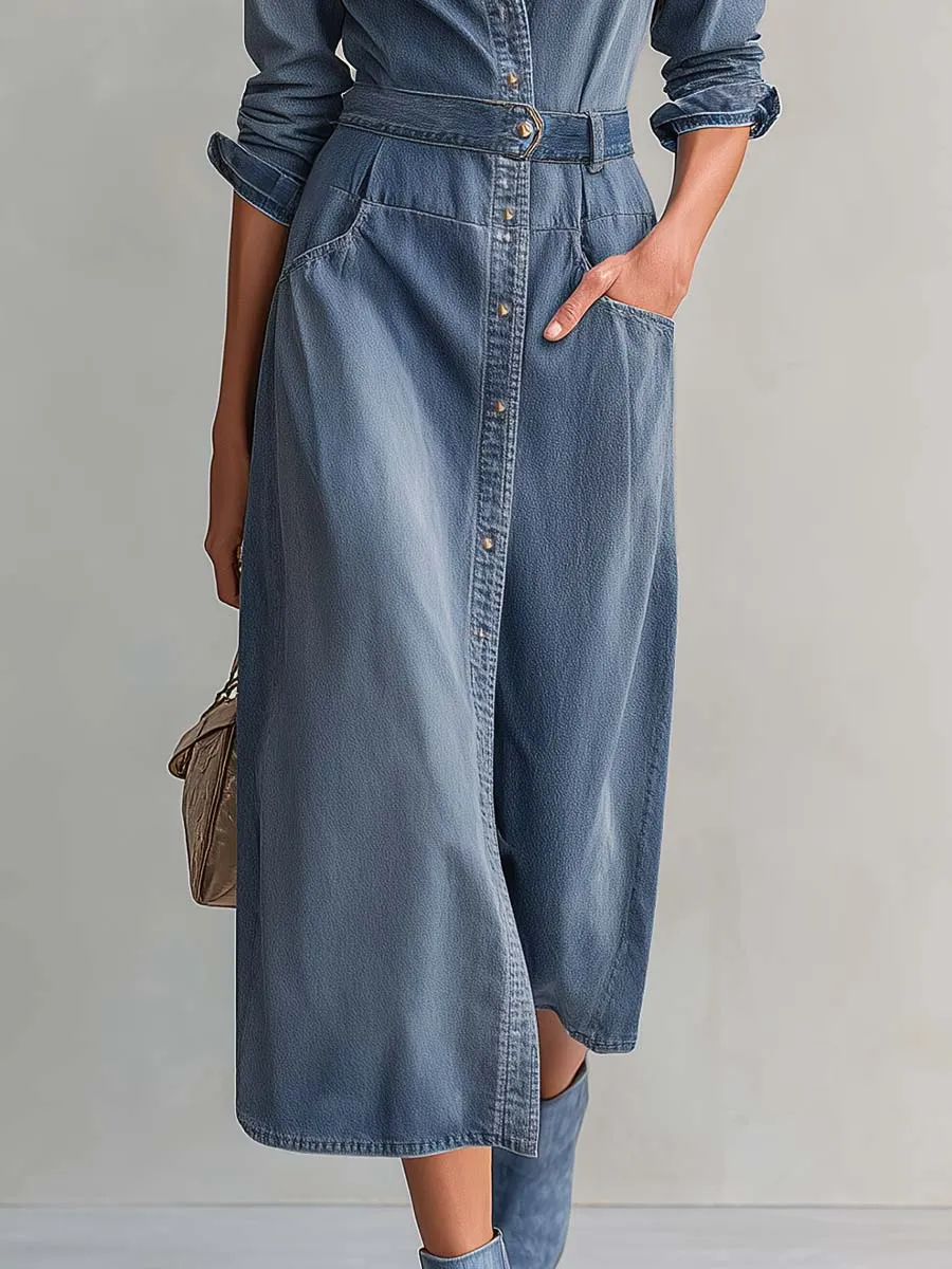 Washed Denim Collared Long-Sleeve Belted Button-Front Fitted Western Shirt Midi Dress sold by Oyrosy product image thumbnail 4