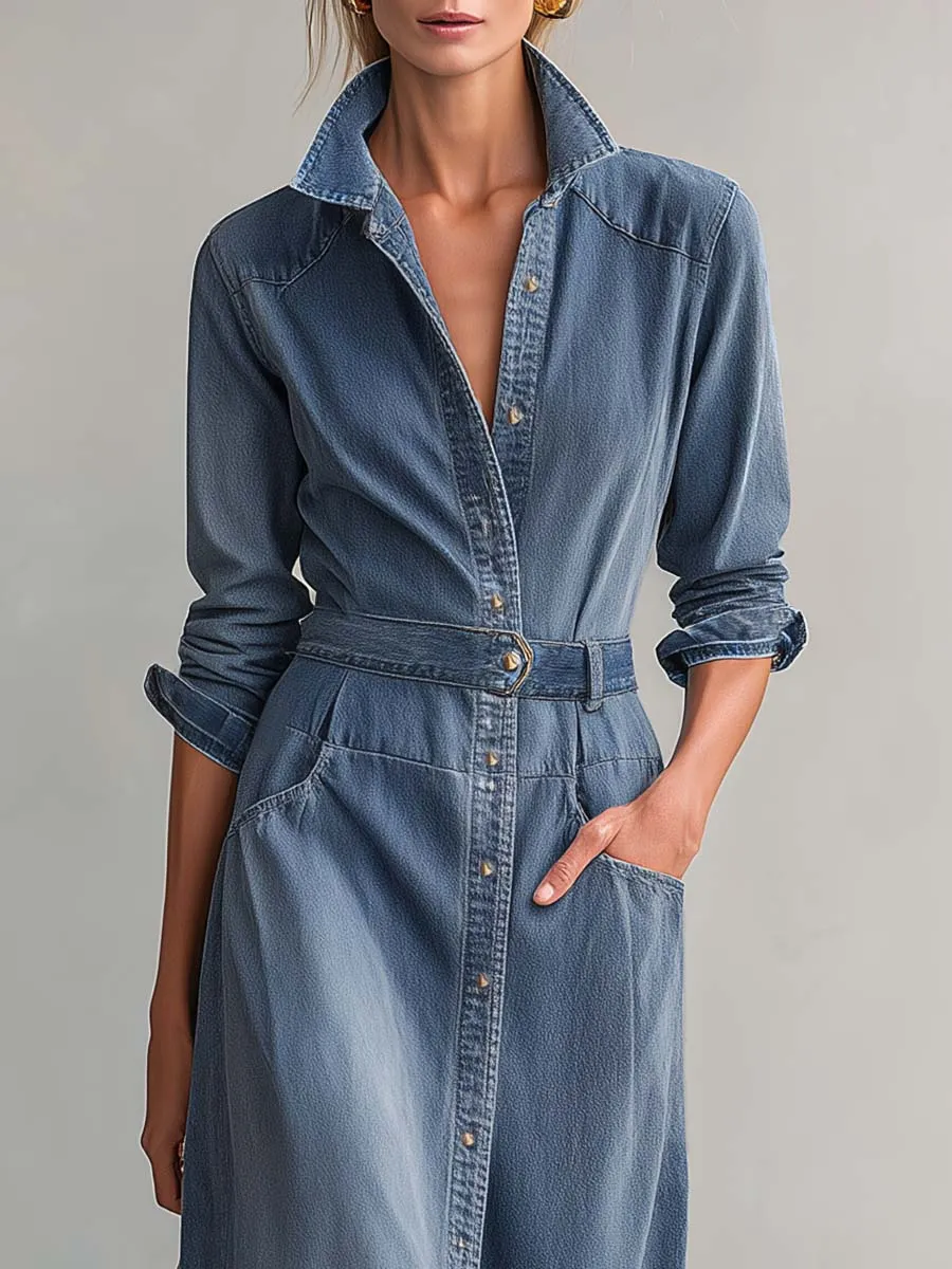 Washed Denim Collared Long-Sleeve Belted Button-Front Fitted Western Shirt Midi Dress sold by Oyrosy product image thumbnail 3