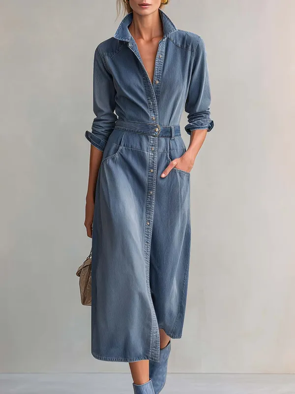 Washed Denim Collared Long-Sleeve Belted Button-Front Fitted Western Shirt Midi Dress made by Oyrosy