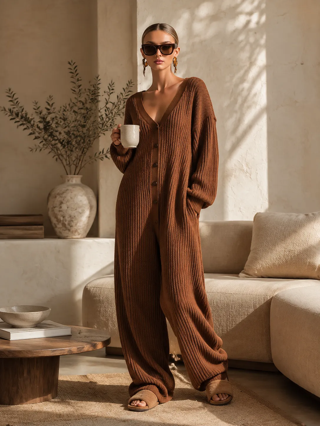 Cozy Relaxed-fit Brown V-neck Ribbed Knit Jumpsuit sold by Oyrosy product image thumbnail 2