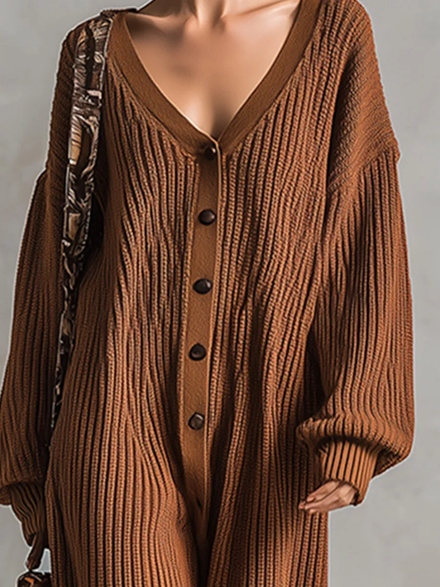 Cozy Relaxed-fit Brown V-neck Ribbed Knit Jumpsuit sold by Oyrosy product image thumbnail 4