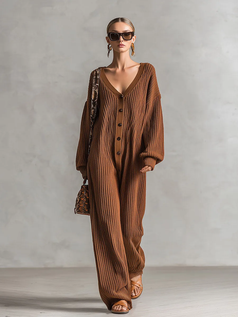 Cozy Relaxed-fit Brown V-neck Ribbed Knit Jumpsuit sold by Oyrosy product image thumbnail 3