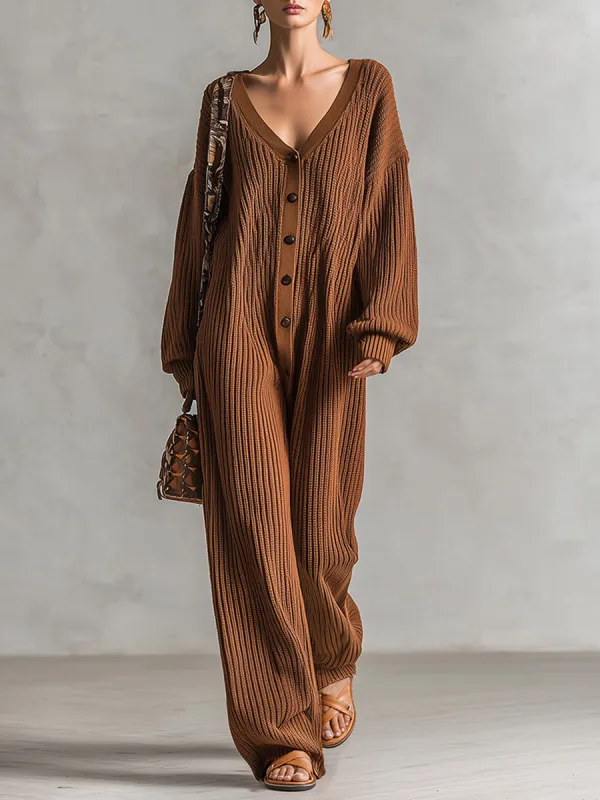 Cozy Relaxed-fit Brown V-neck Ribbed Knit Jumpsuit made by Oyrosy