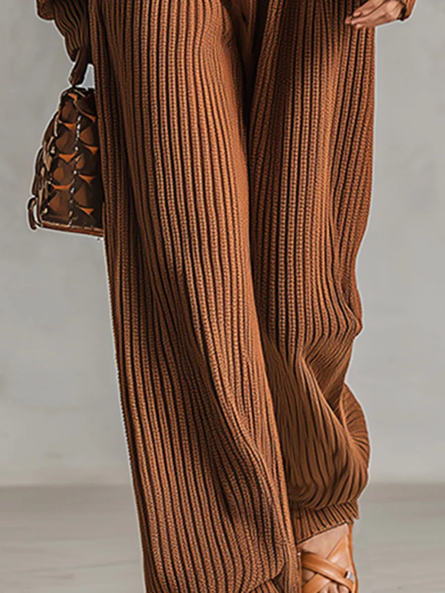 Cozy Relaxed-fit Brown V-neck Ribbed Knit Jumpsuit sold by Oyrosy product image thumbnail 5