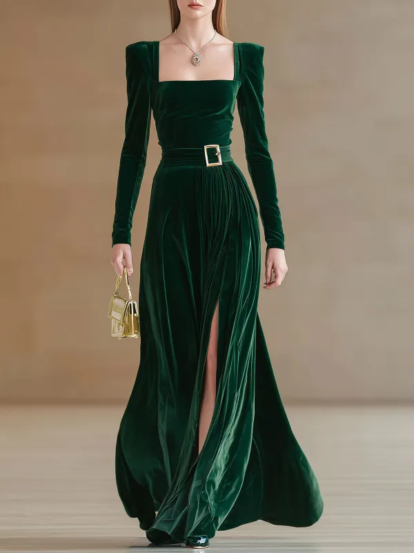 Elegant And Stylish Dark Green Velvet Square Neck Slit Maxi Dress made by Oyrosy