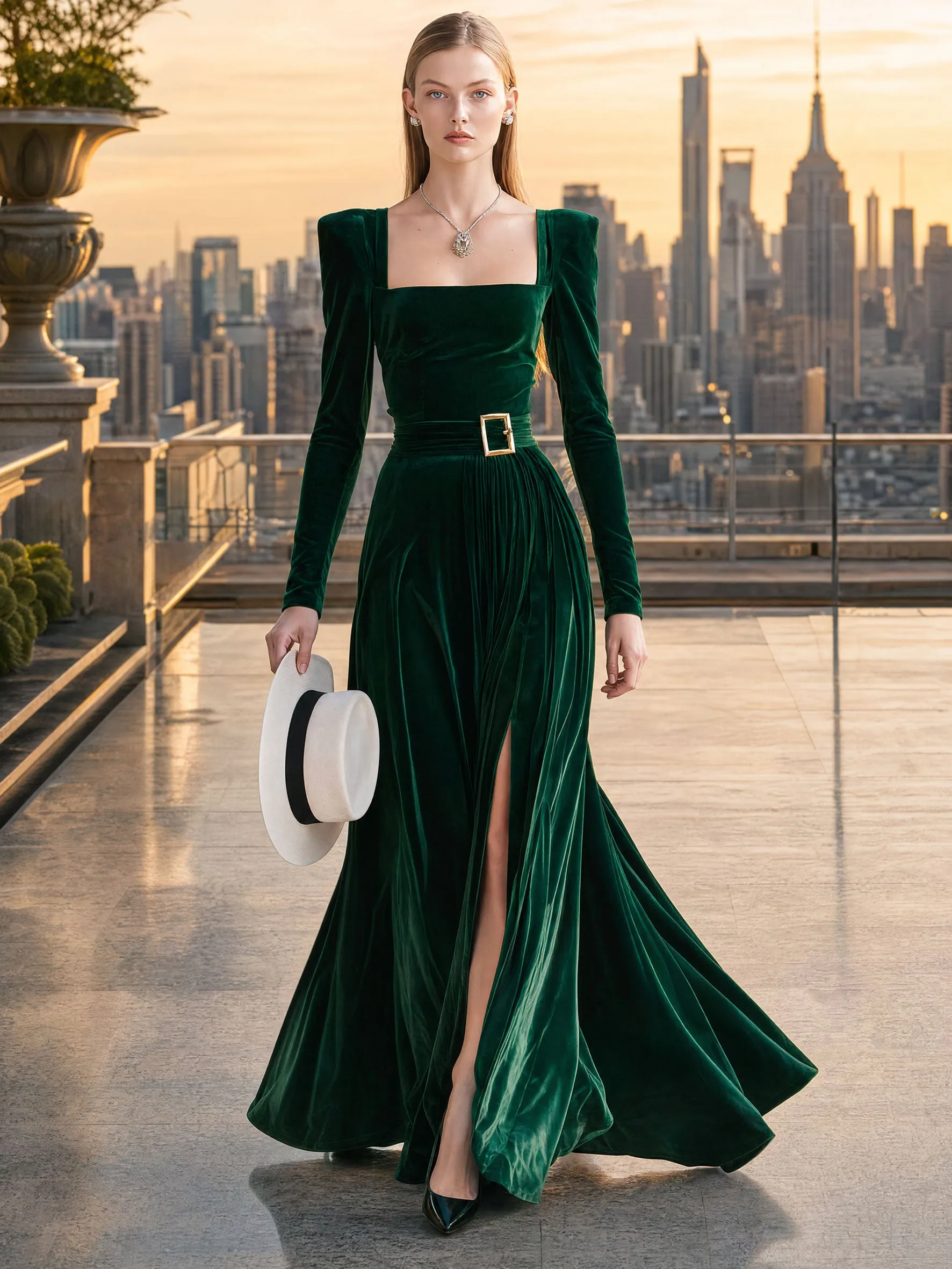 Elegant And Stylish Dark Green Velvet Square Neck Slit Maxi Dress sold by Oyrosy product image thumbnail 4