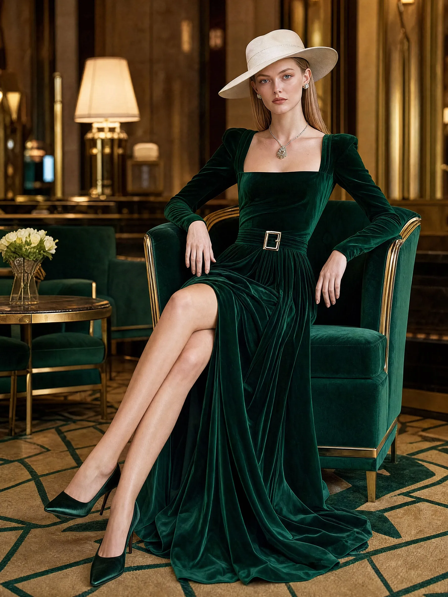 Elegant And Stylish Dark Green Velvet Square Neck Slit Maxi Dress sold by Oyrosy product image thumbnail 3