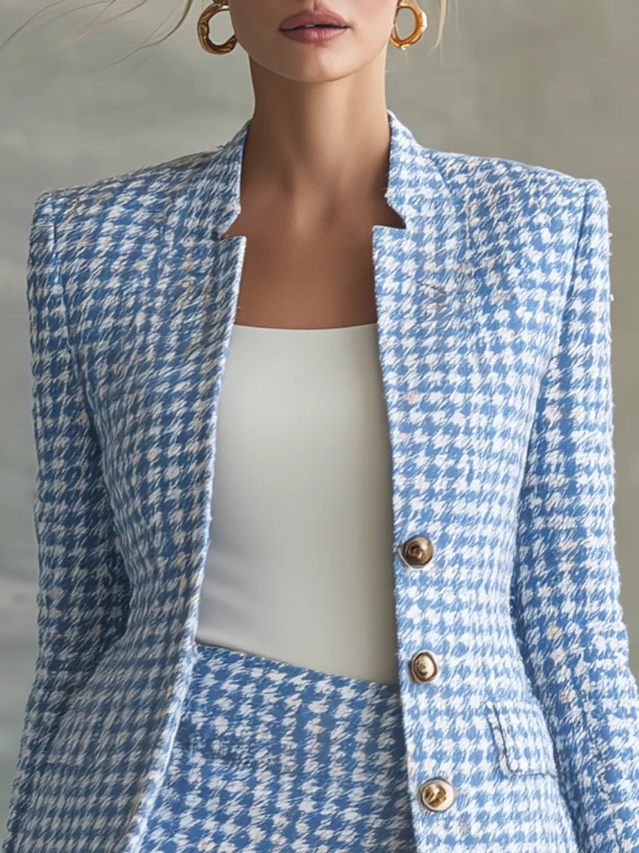 Retro-chic Blue And White Houndstooth Skirt Set sold by Oyrosy product image thumbnail 4