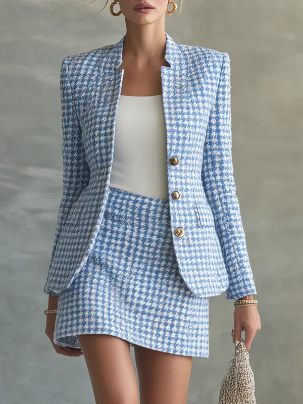 Retro-chic Blue And White Houndstooth Skirt Set made by Oyrosy