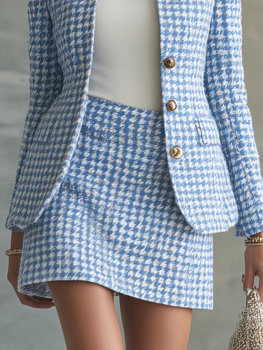 Retro-chic Blue And White Houndstooth Skirt Set sold by Oyrosy product image thumbnail 5