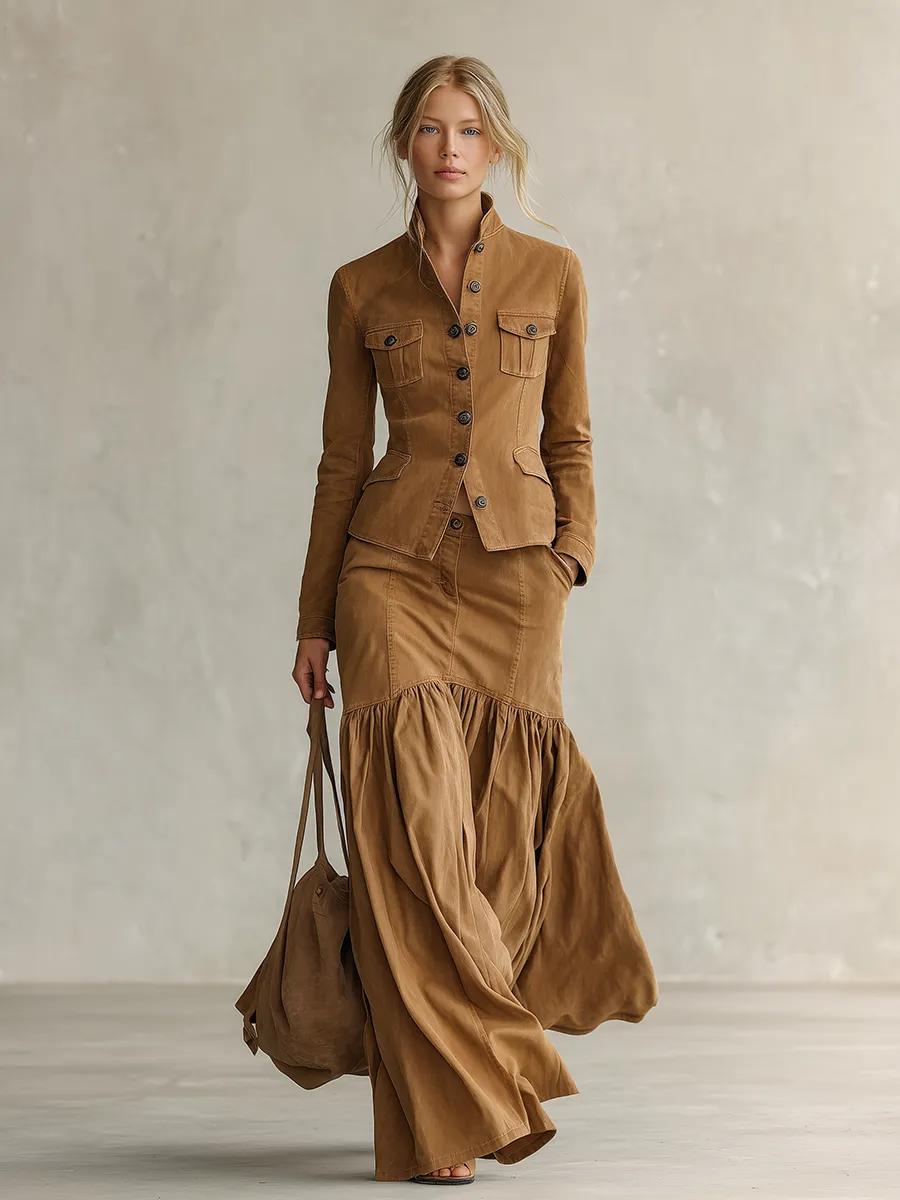 Women's Tan Denim Maxi Skirt High Waist Mermaid Tiered Ruched Utility Fall sold by Oyrosy product image thumbnail 5
