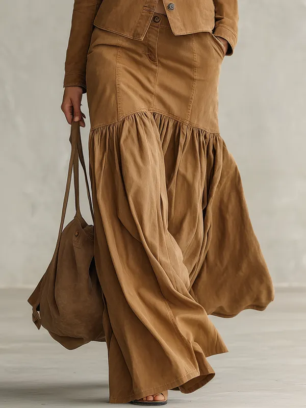 Women's Tan Denim Maxi Skirt High Waist Mermaid Tiered Ruched Utility Fall made by Oyrosy