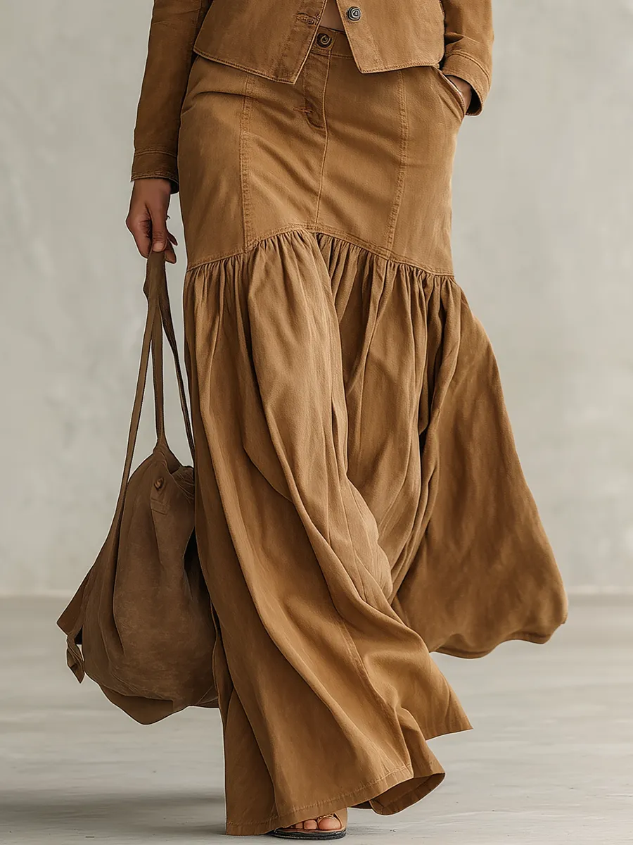 Women's Tan Denim Maxi Skirt High Waist Mermaid Tiered Ruched Utility Fall sold by Oyrosy