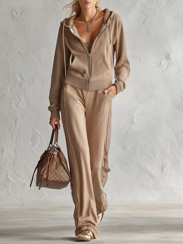 Stylish Casual Khaki Zip-up Hoodie And Pants Set made by Oyrosy