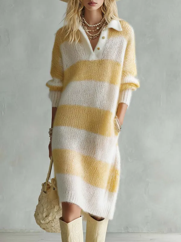 Lazy Fashion Polo Collar Yellow And White Stripes Knitted Midi Dress made by Oyrosy