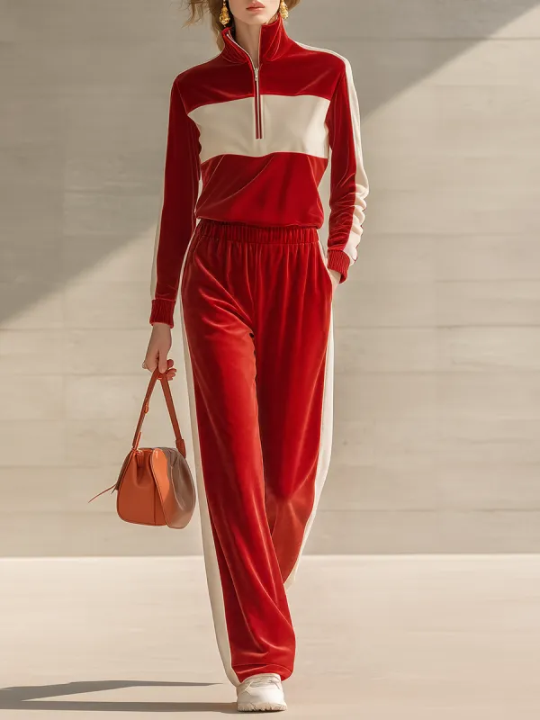 Retro-chic Elegant Color-blocked Velvet Matching Set made by Oyrosy