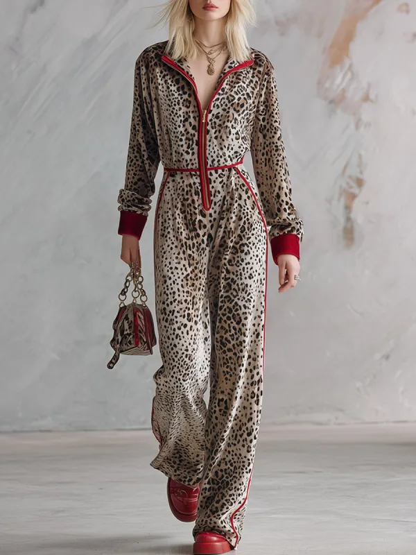 Retro Color-Block Trim Leopard Print Velvet Long-Sleeve Wide-Leg Jumpsuit made by Oyrosy