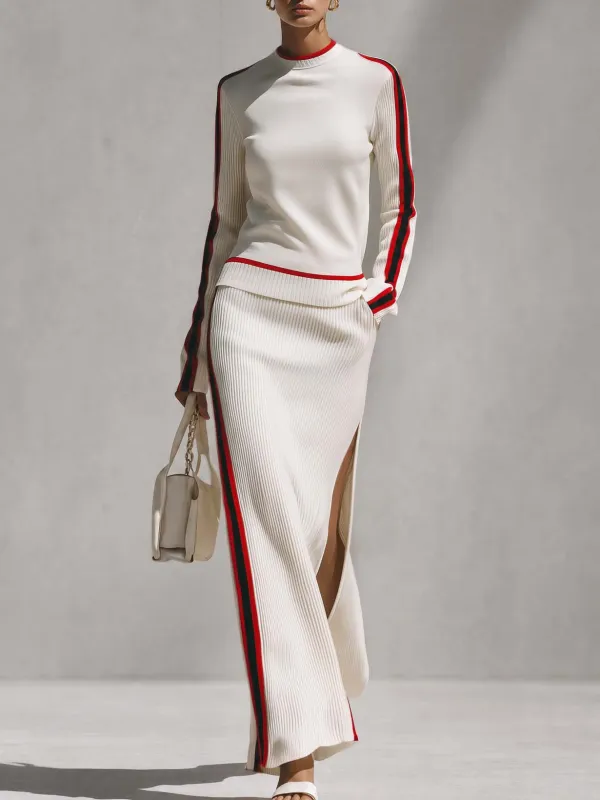 Elegant Retro Red Trim Cream Knit Top And Slit Maxi Skirt Set made by Oyrosy
