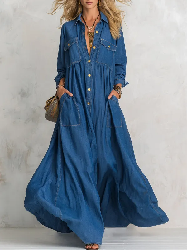 Women's Multi-pocket Full-skirt Blue Denim Maxi Dress made by Oyrosy