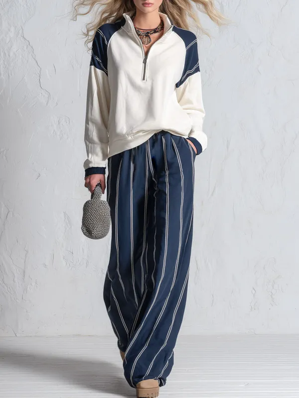 Casual Raglan-Sleeve Sweatshirt And Striped Sweatpants Set made by Oyrosy