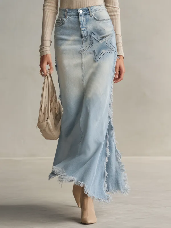 American Vintage Star-appliqué Embroidered Raw-edge Denim Maxi Skirt made by Oyrosy