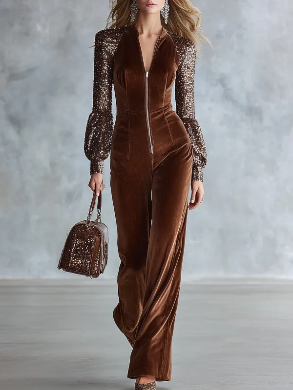 Vintage-style Brown Velvet Sequined Raglan-sleeve Front-zip Wide-leg Jumpsuit made by Oyrosy